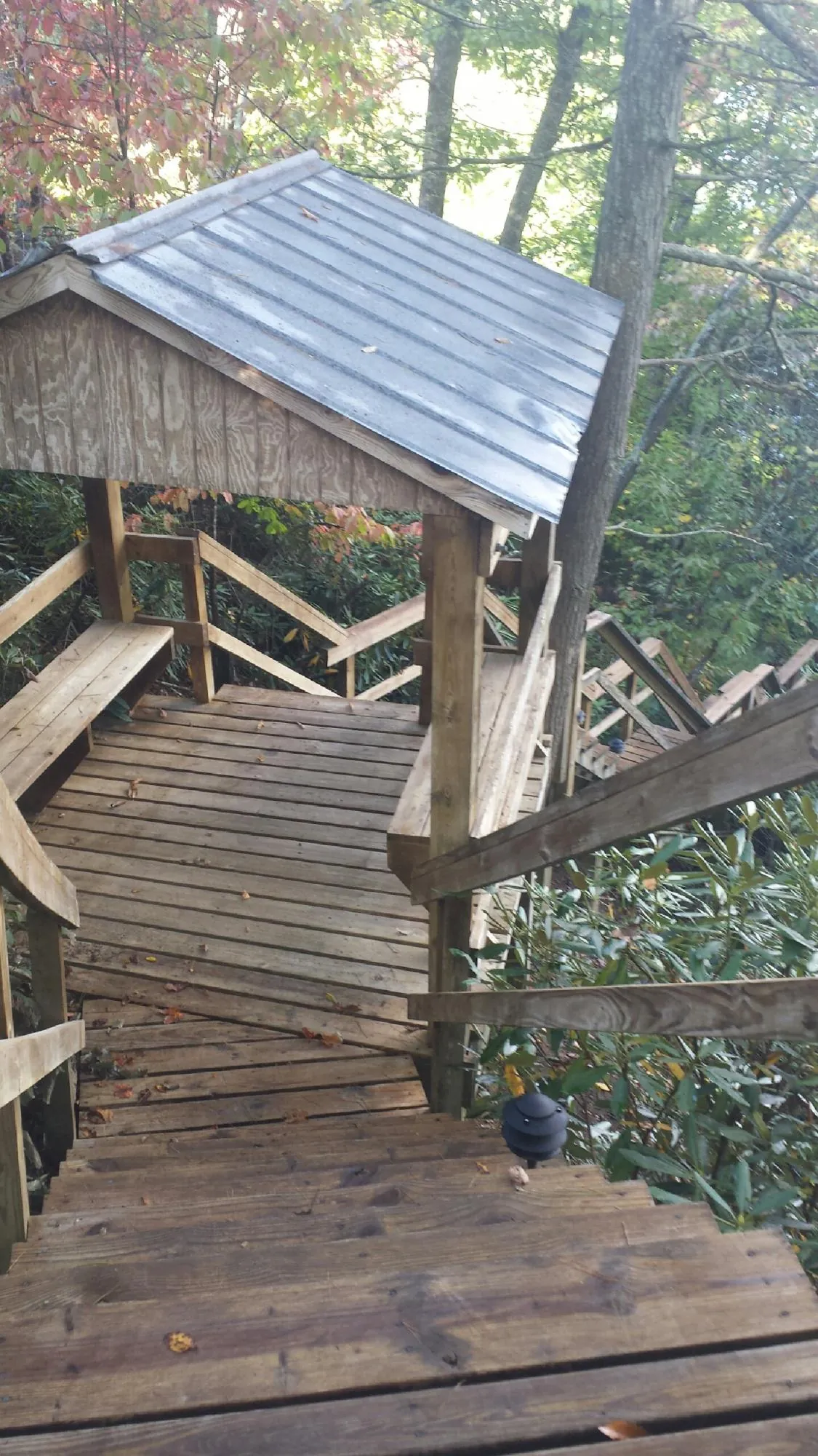 Metal roofed shelter over wooden steps on a wooded walkway — Skylight Repair & Installation work by our crew in Annandale